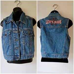 VTG 90s Levis Denim Trucker Vest Women's Small S Jeans Waist Logo Festival
